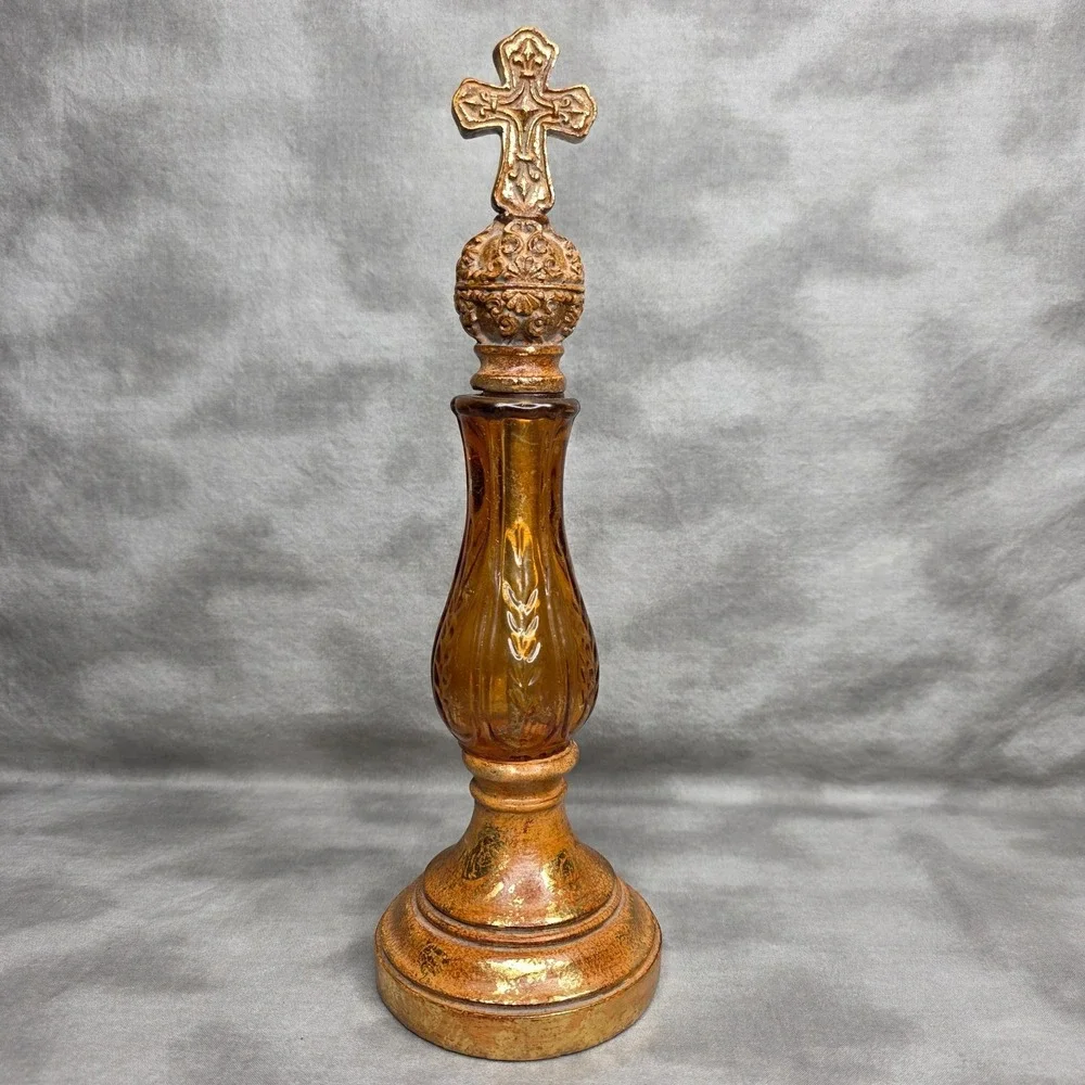Amber Glass & Gold Flake Wood Cross Decorative Decor Bookshelf Antique 13.25